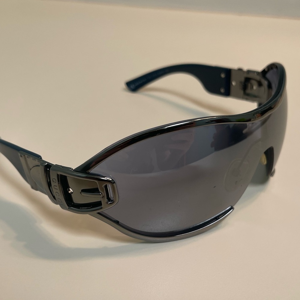 Gucci Vintage Buckle Goggle Sunglasses with Dark Green Frame and Silver Lenses